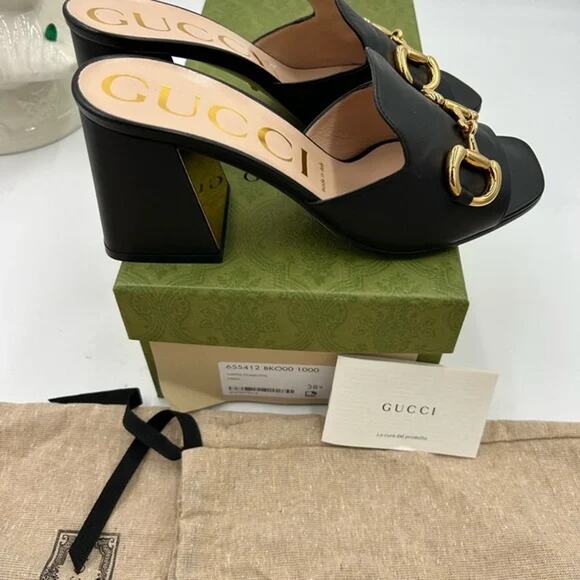 Women's Gucci horsebit leather mid heel slide sandals size 38.5 made in Italy - Picture 2 of 9
